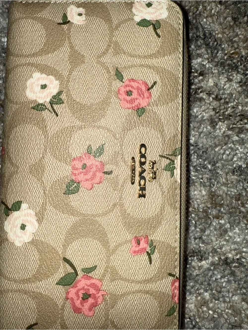 Coach Beige Floral Signature Wristlet with Pink Accents